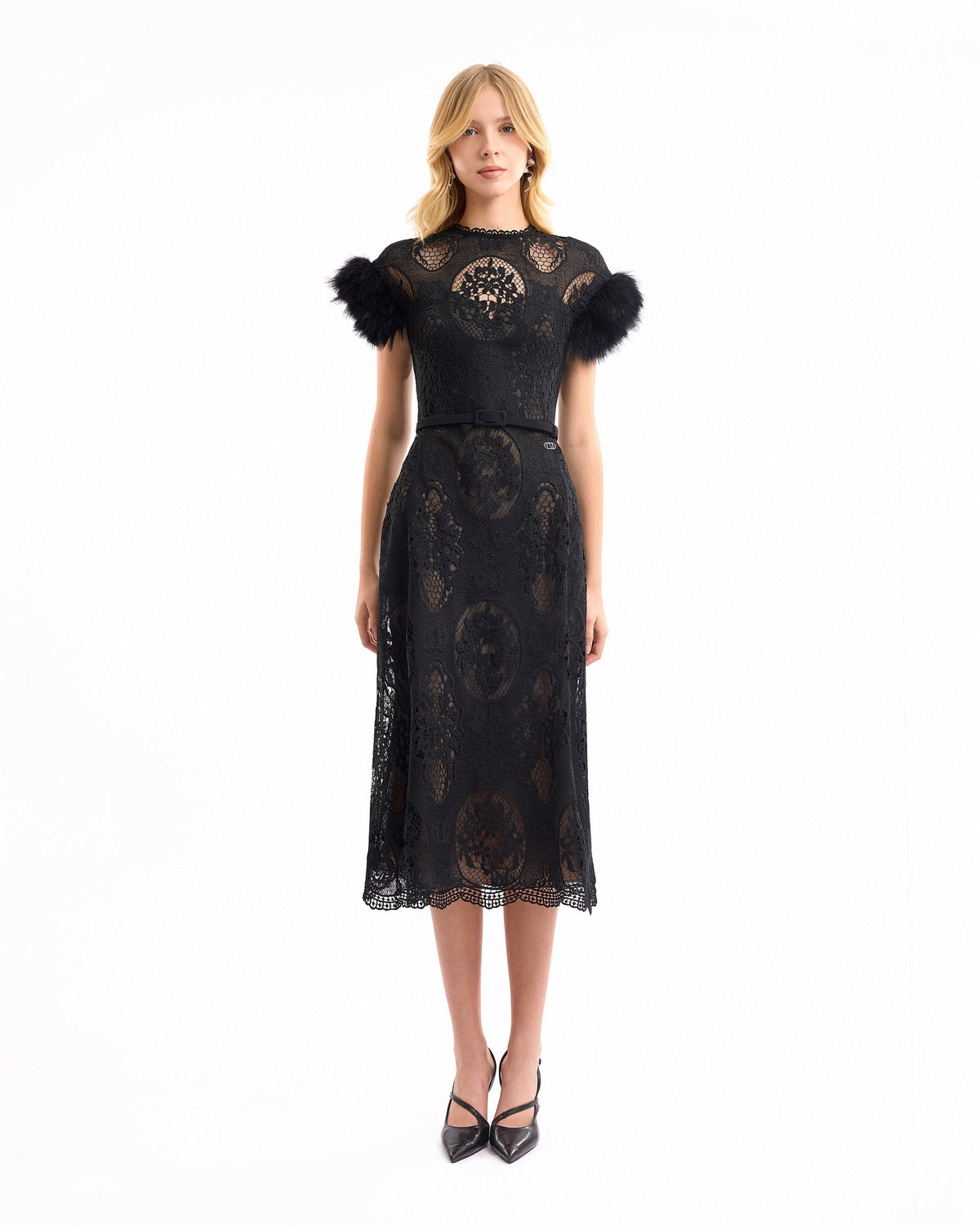 Lace Midi Dress with Feathers
