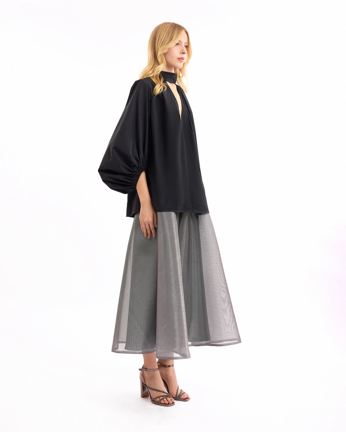 V-Neck Puff Top with Metallic Skirt