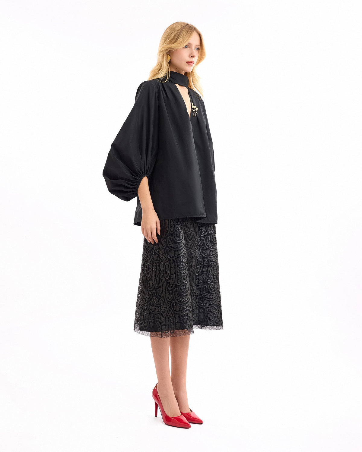 V-Neck Puff Top with Leather Skirt