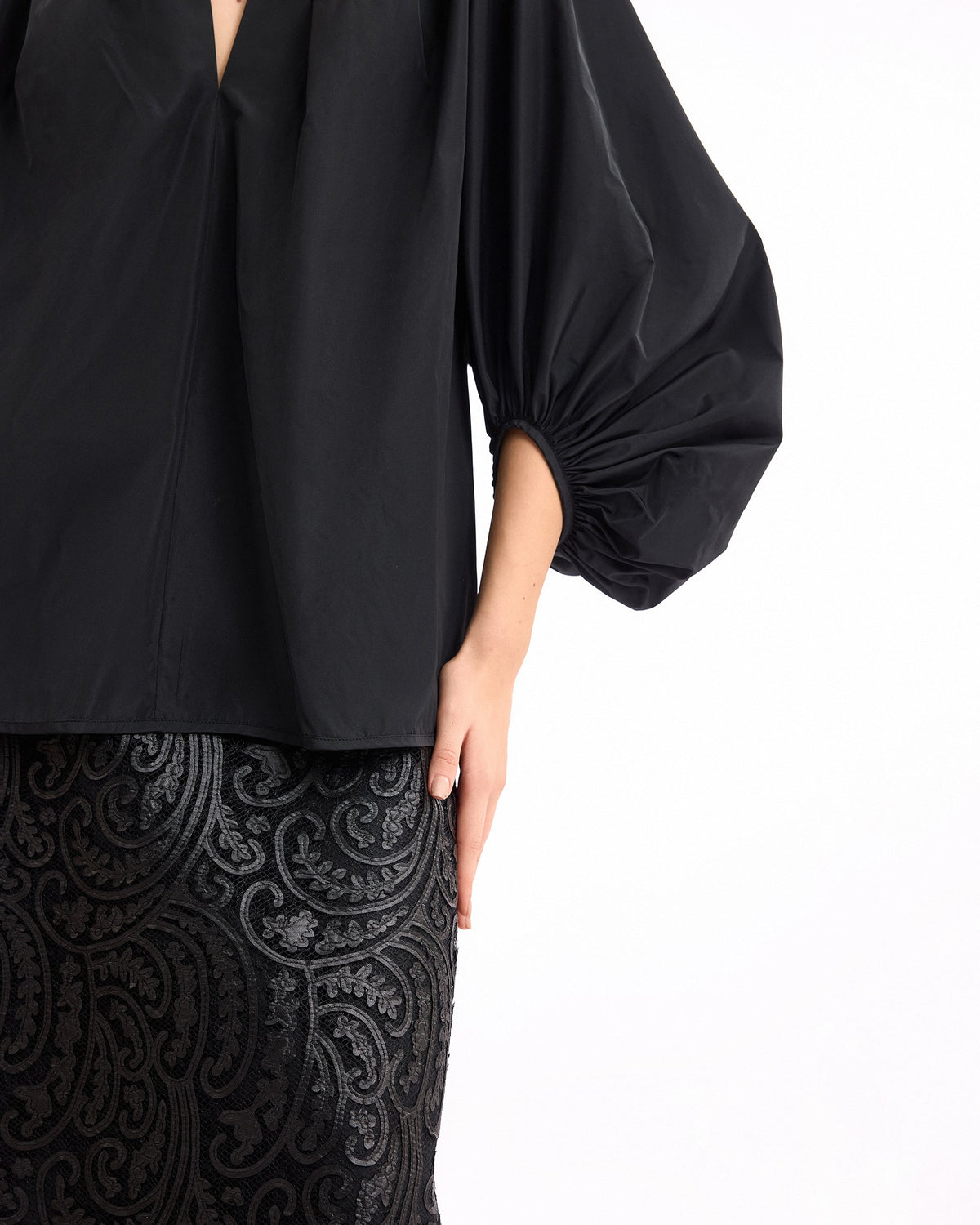 V-Neck Puff Top with Leather Skirt