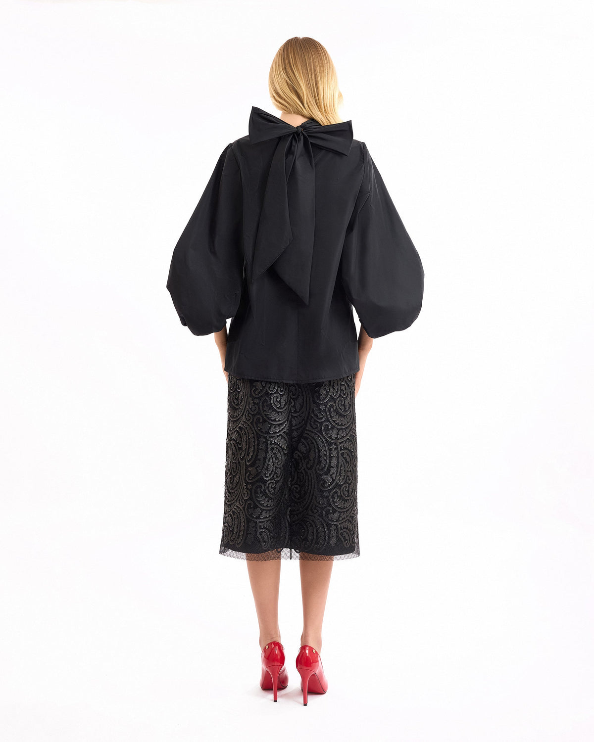 V-Neck Puff Top with Leather Skirt