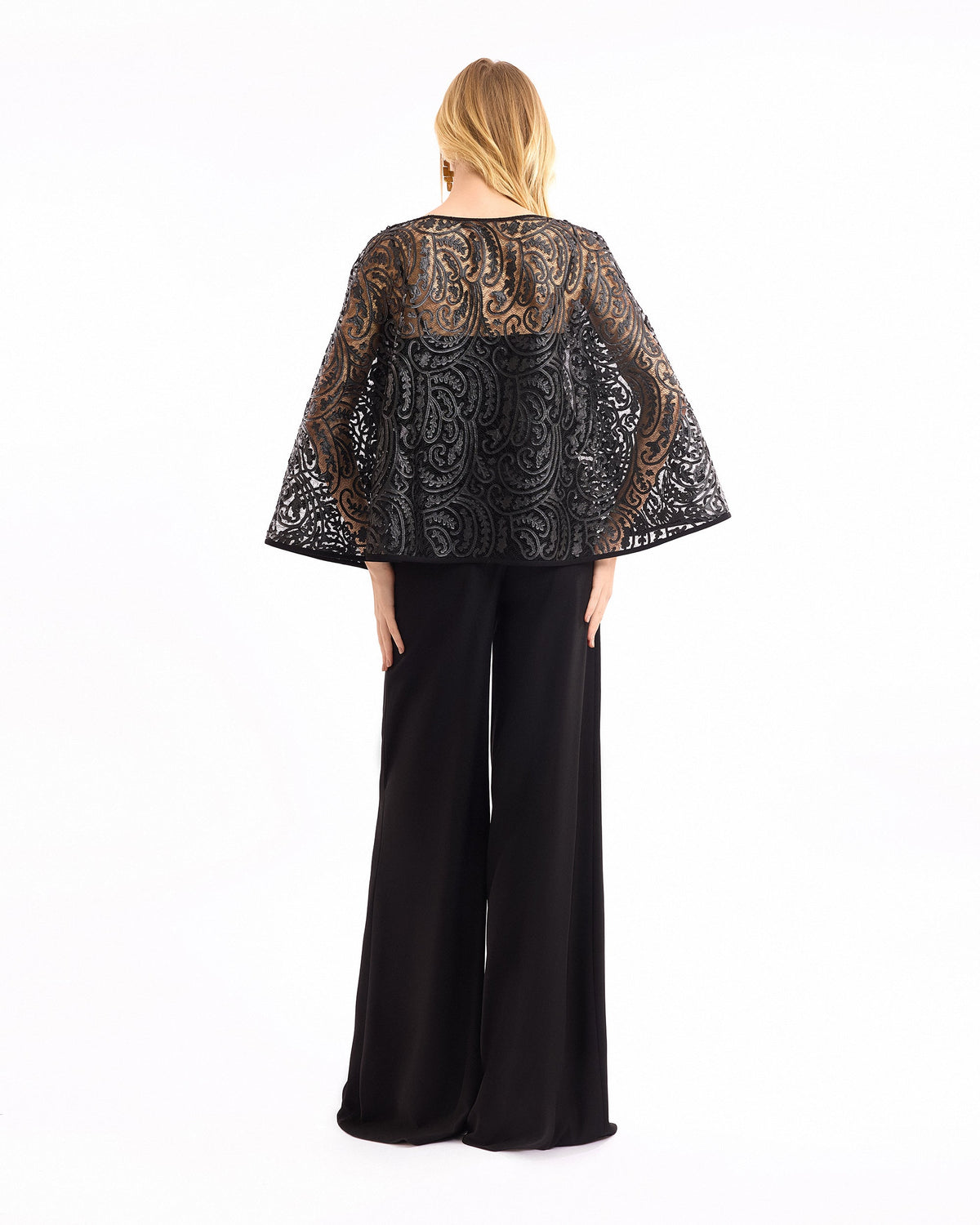 Sheer Leather-Sleeve Top with Trousers