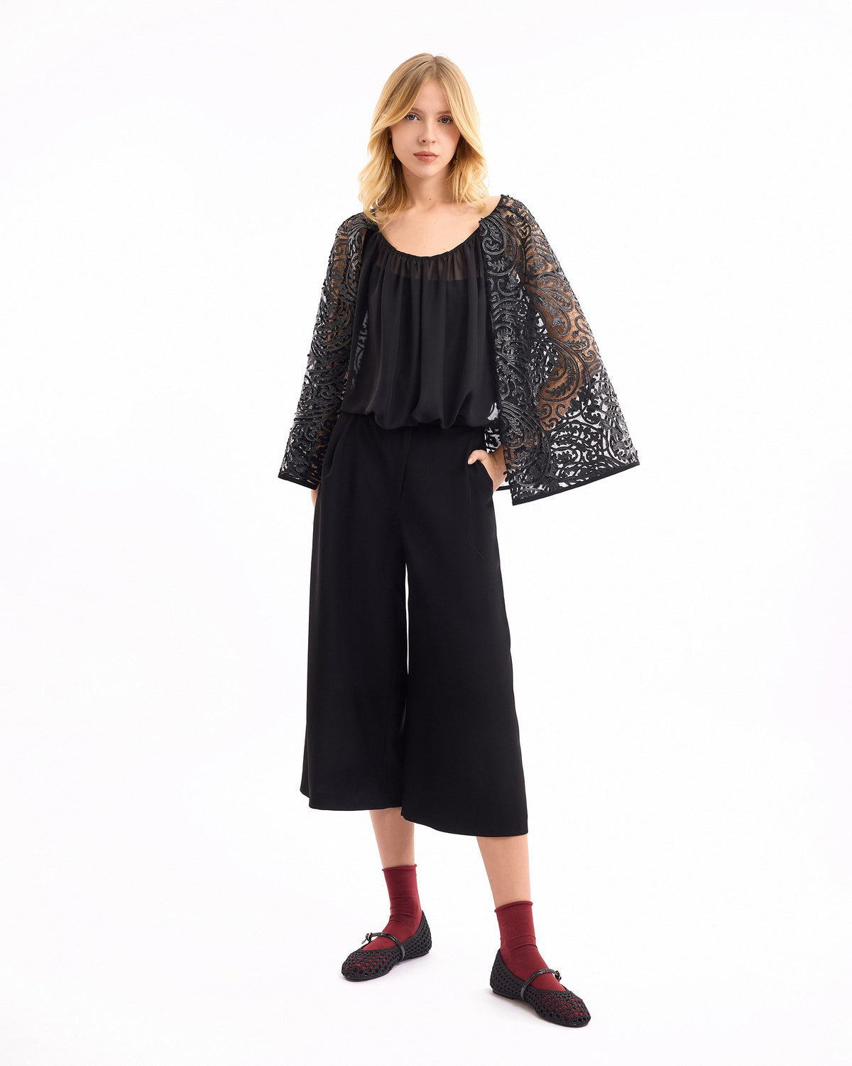 Sheer Top with Cropped Trousers