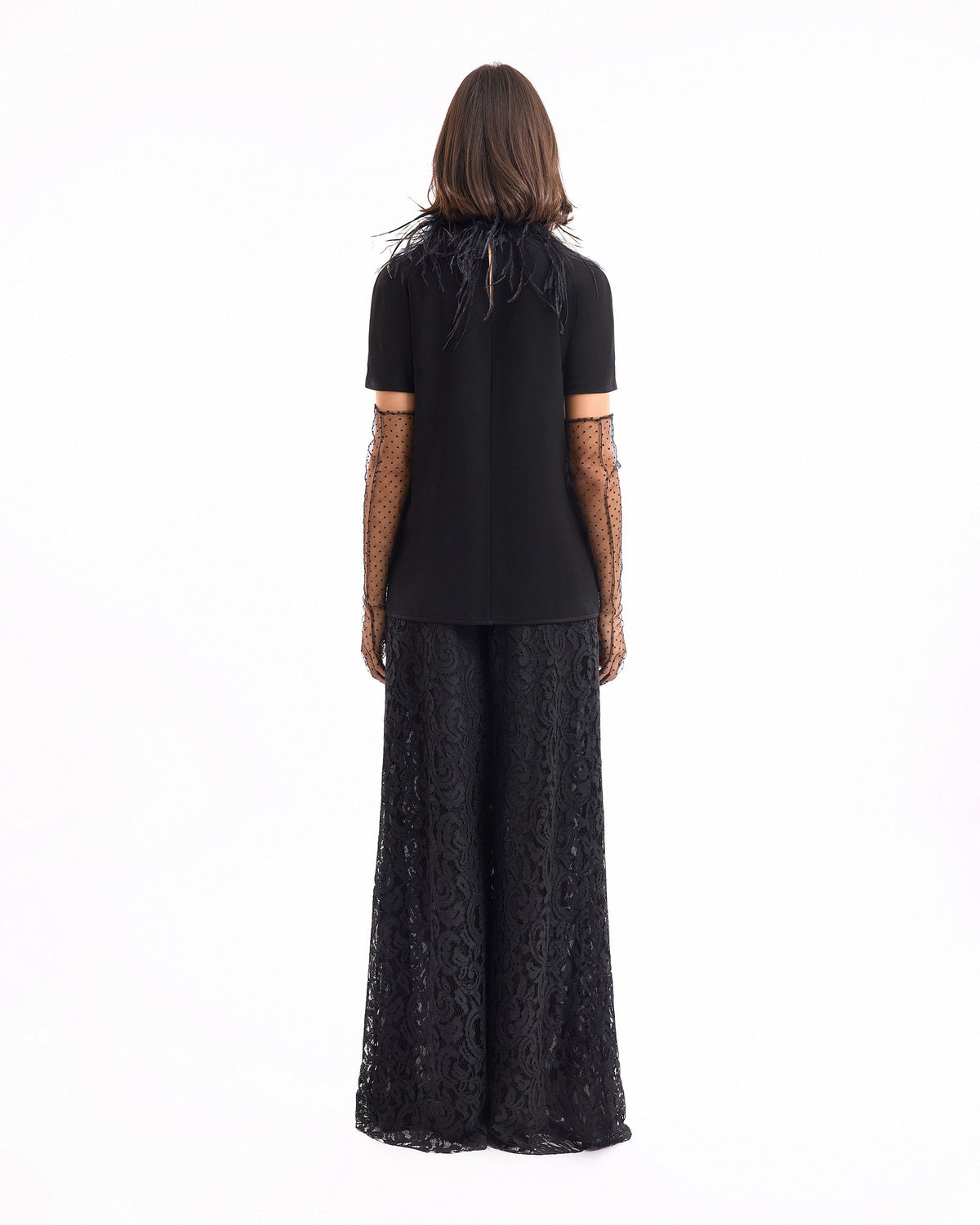 High-Neck Feather Top with Trousers