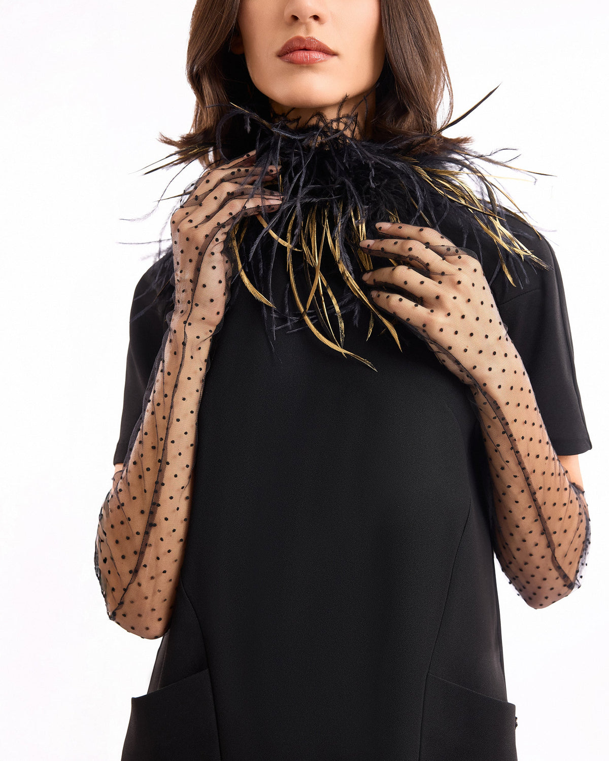 High-Neck Feather Top with Trousers
