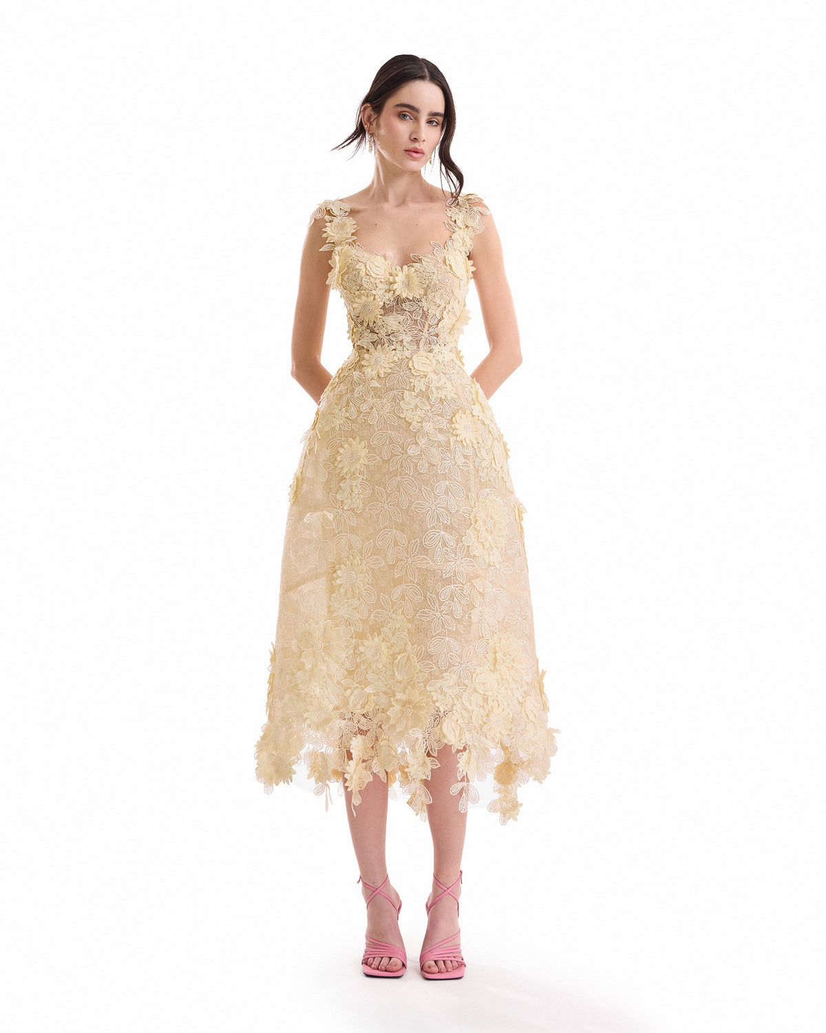 3D Floral Cage Midi Dress