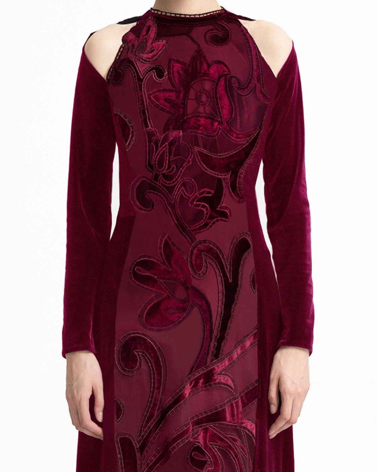 High-Neck Velvet Embroidered Dress