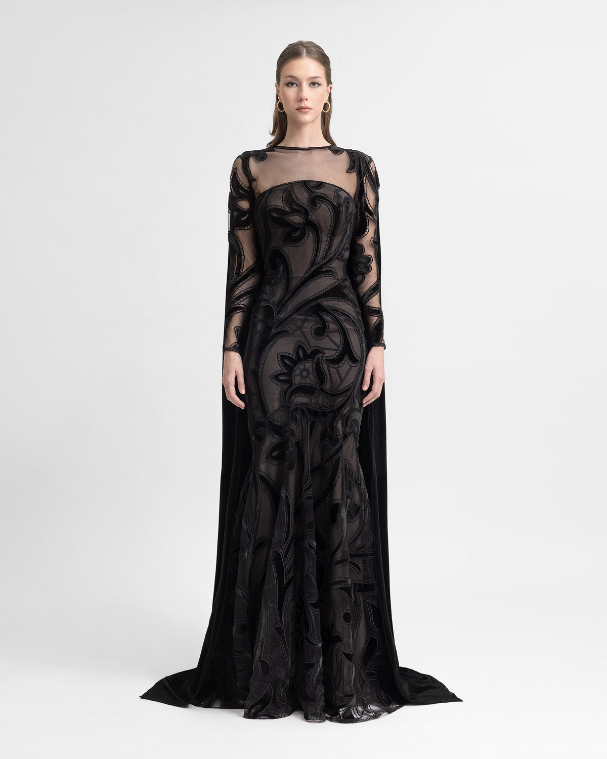 Velvet Embroidered Dress with Mesh Cape
