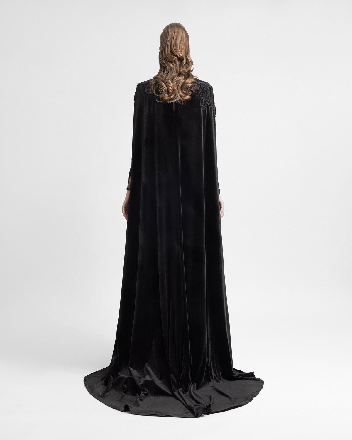 Velvet Embroidered Dress with Mesh Cape