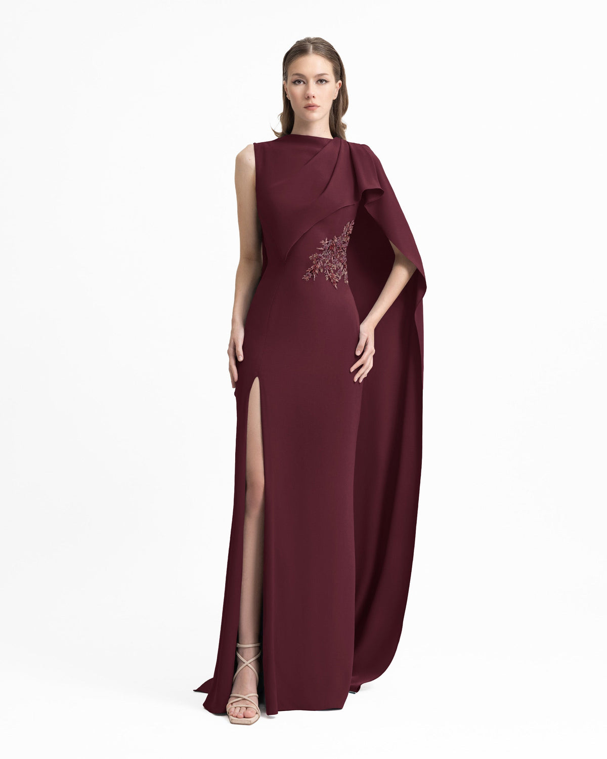 Draped Crepe Dress with Beaded Cape