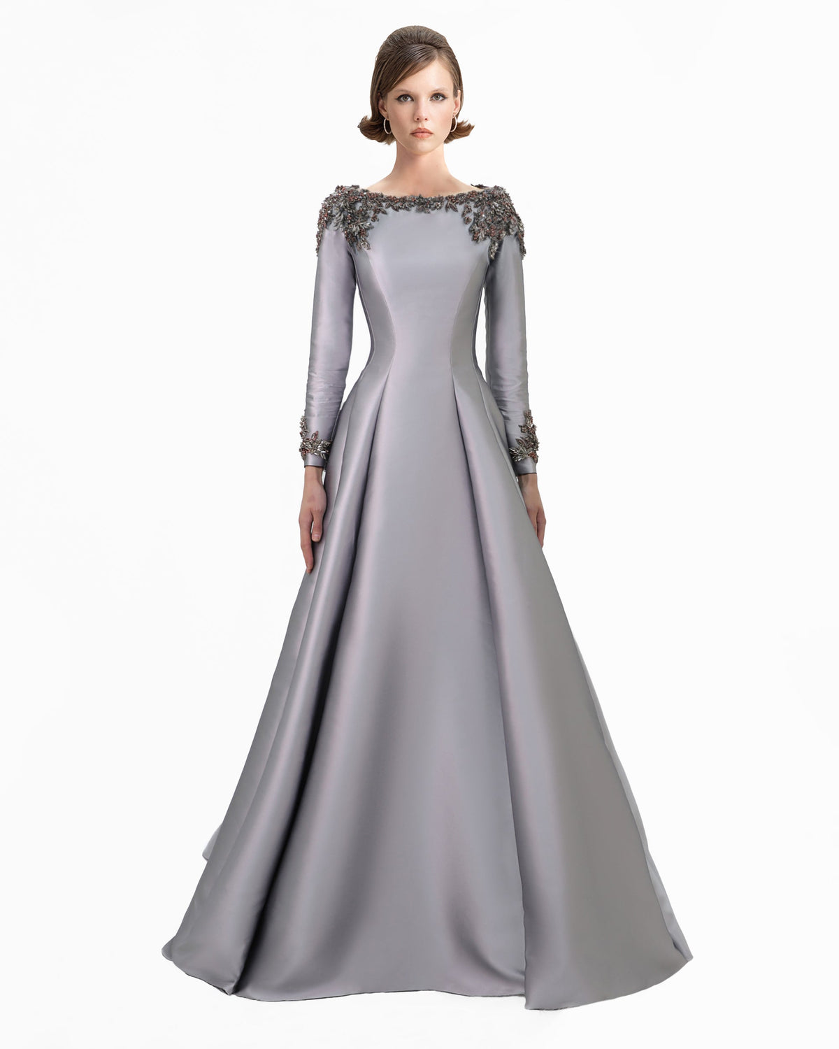 Beaded Mikado Dress with Long Sleeves