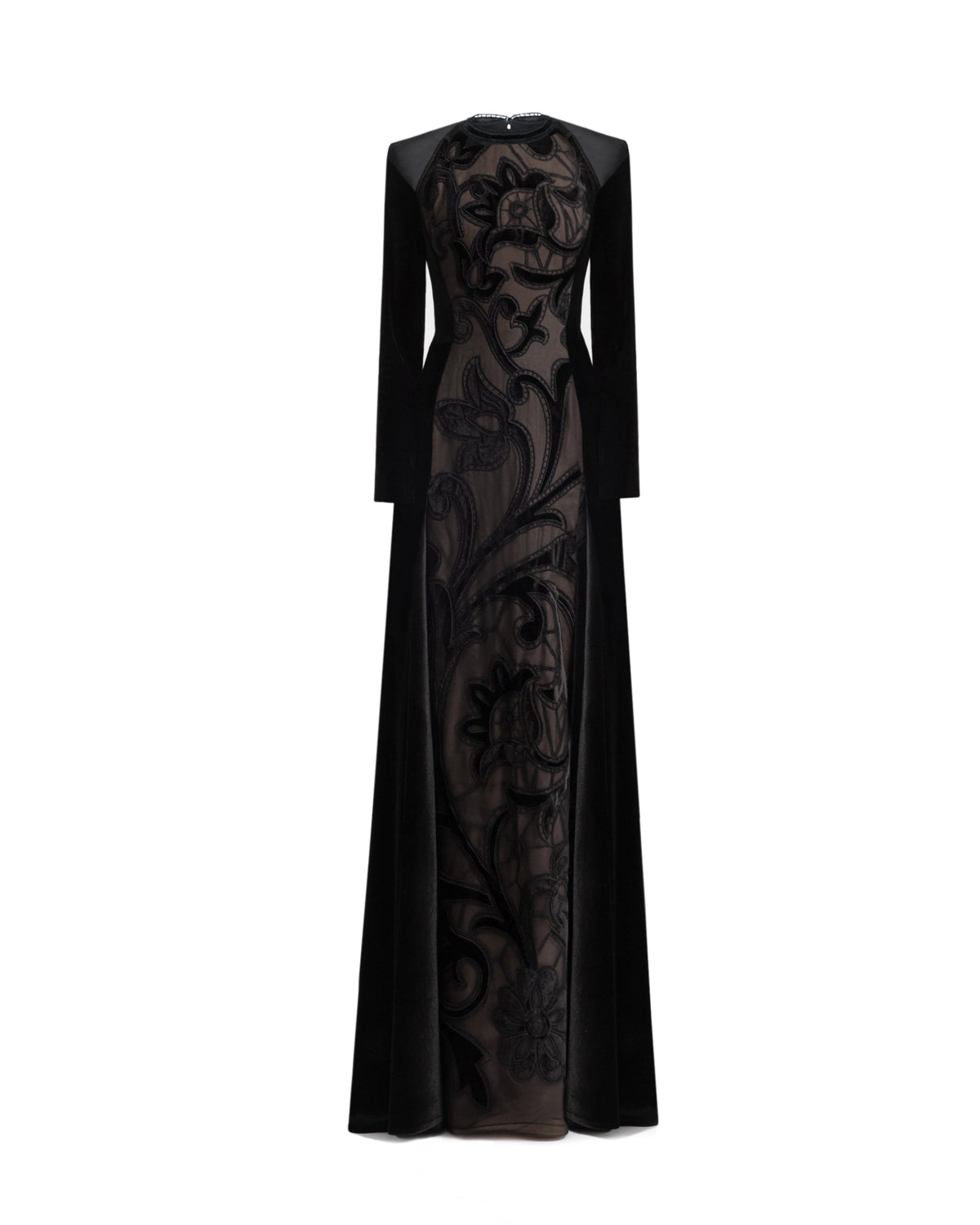 High-Neck Velvet Embroidered Dress