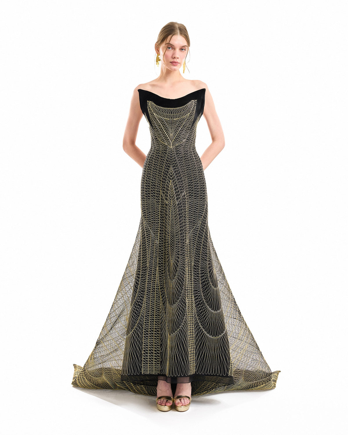 Metallic Embroidered Train Dress