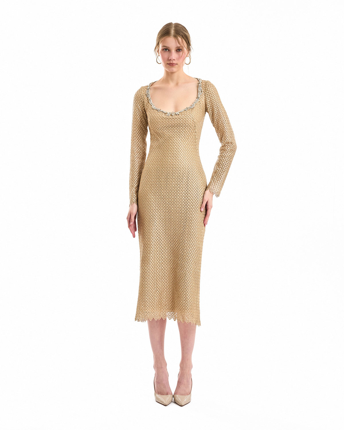 Beaded Scoop-Neck Midi Dress