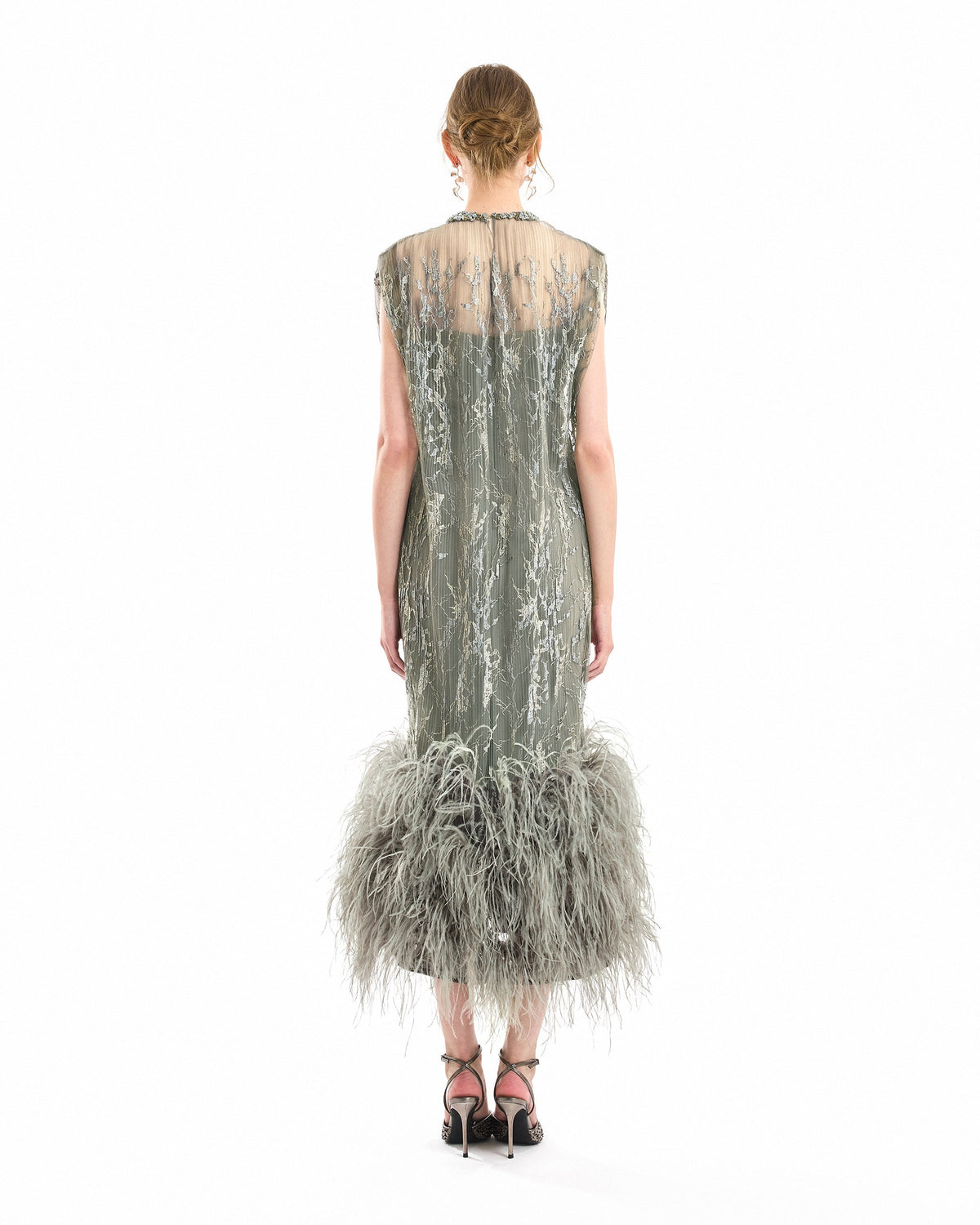 Feathered Hem Pleated Midi Dress