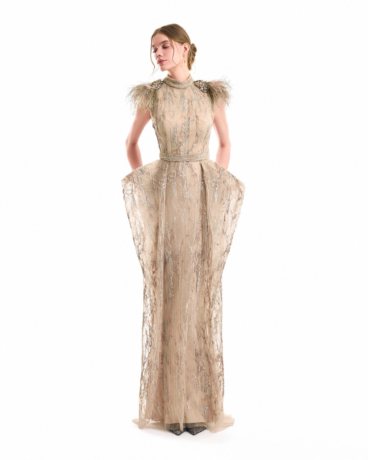 Feathered Shoulder Hip-Panel Dress