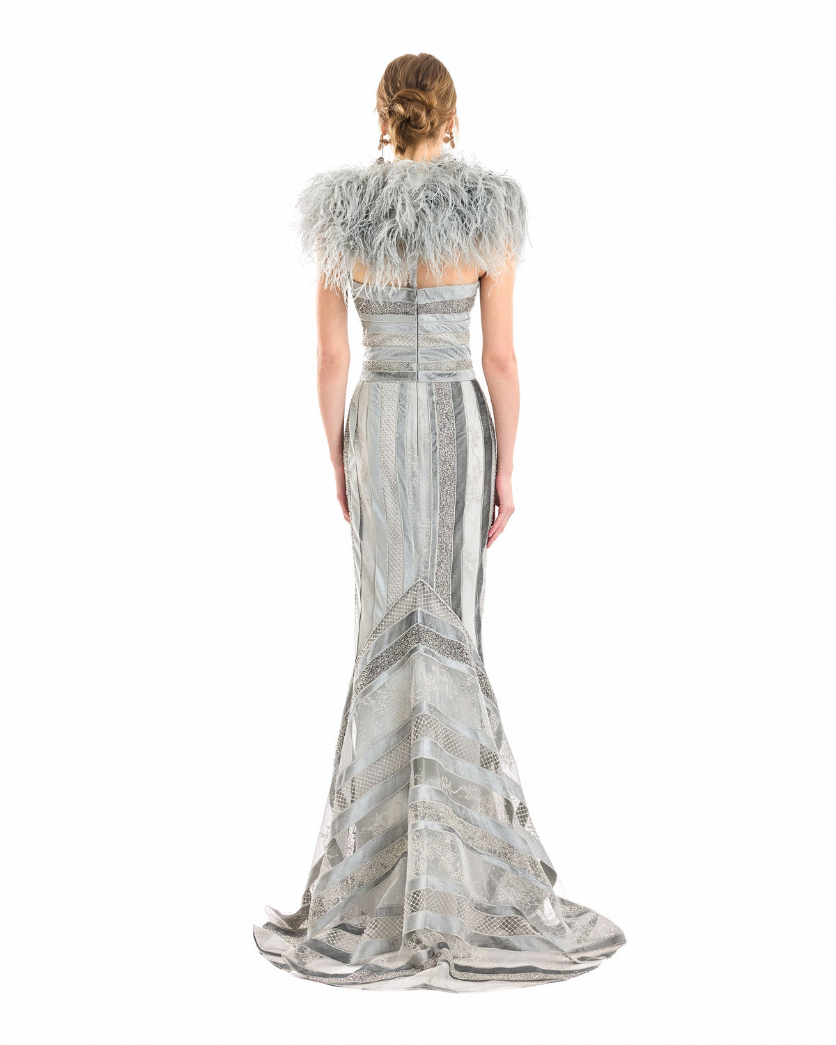 Embroidered Panel Dress with Feathered Bolero
