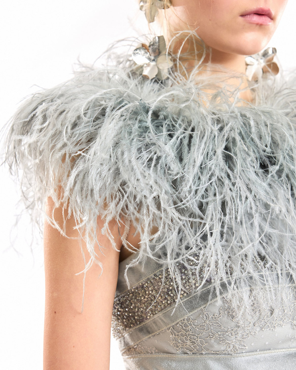 Embroidered Panel Dress with Feathered Bolero