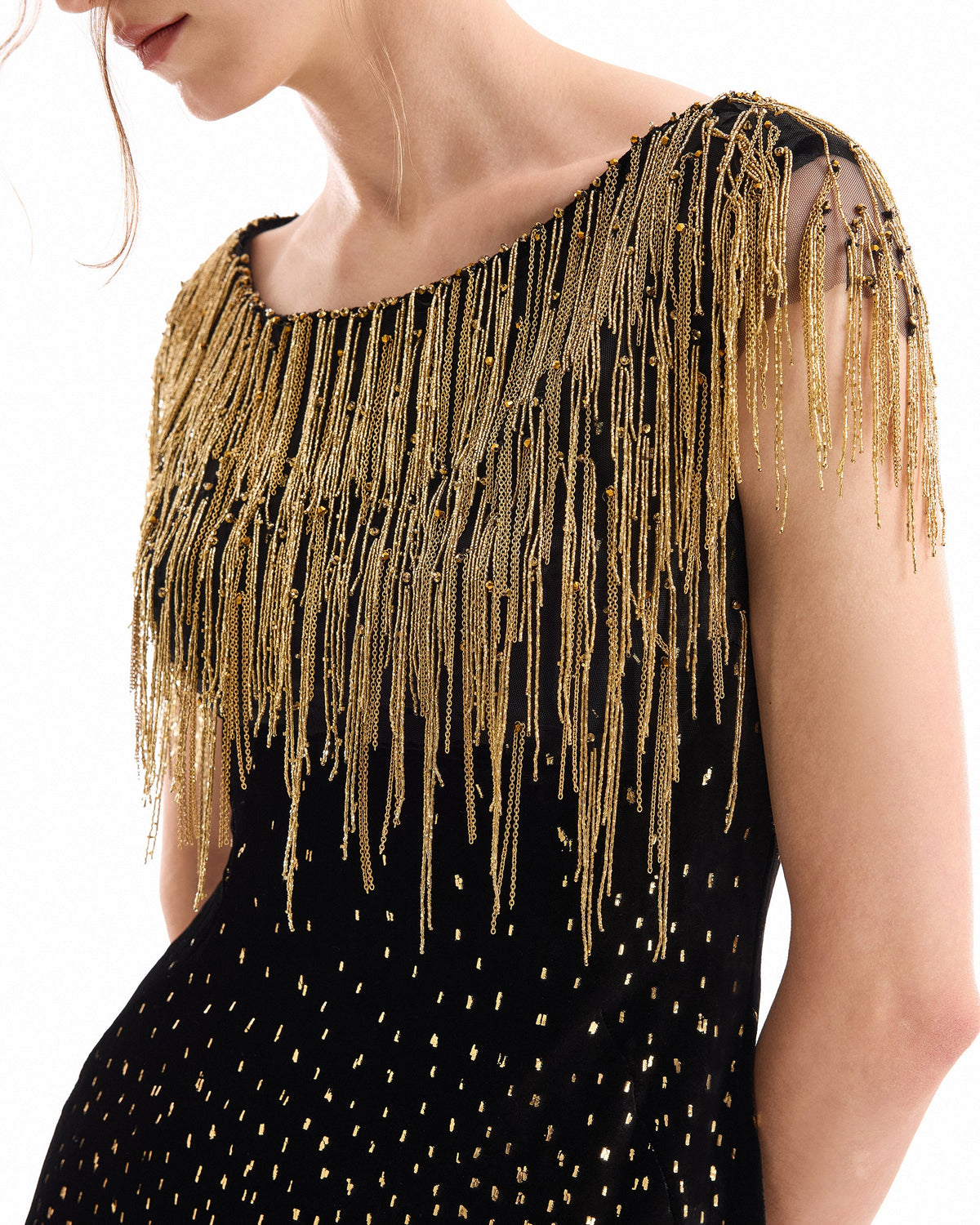 Off-Shoulder Beaded Fringe Dress