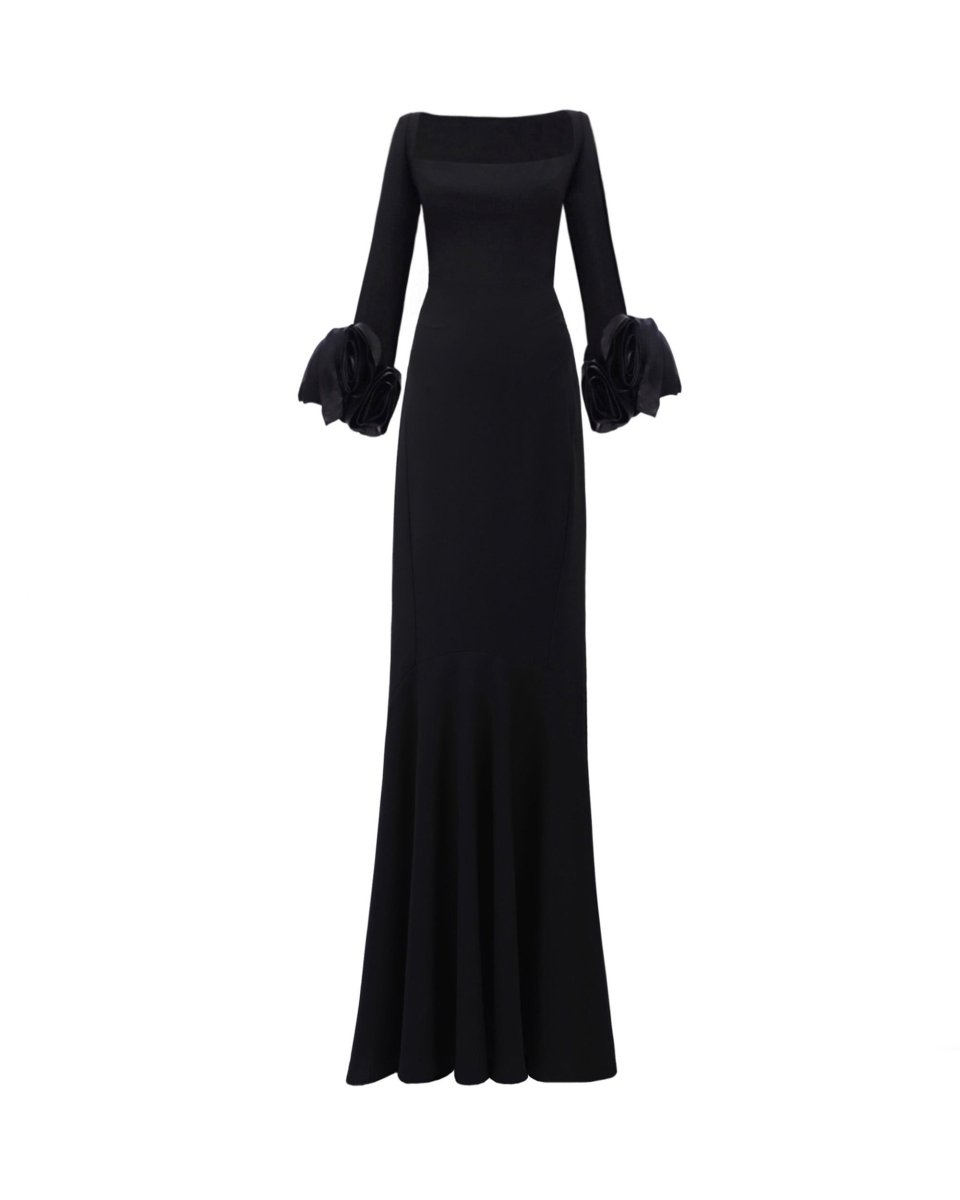 Long Fitted Dress With Floral Cuffs
