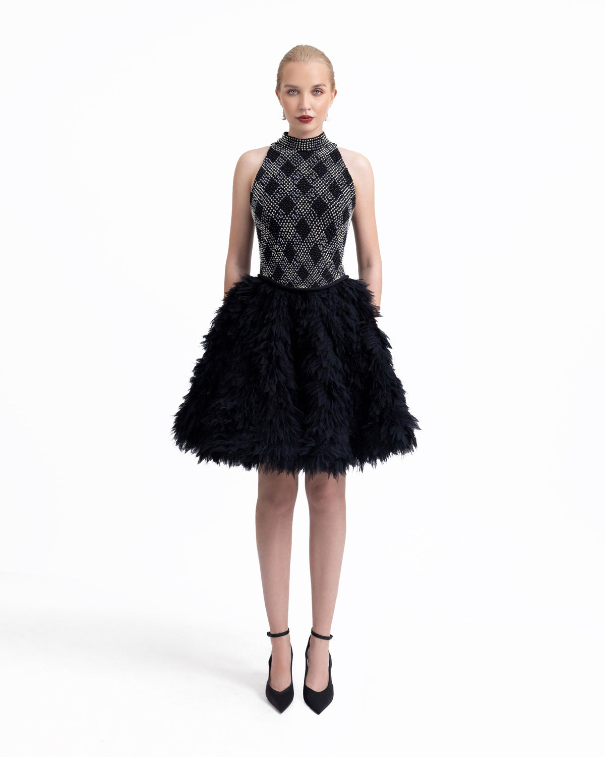 High-Collar Beaded Dress