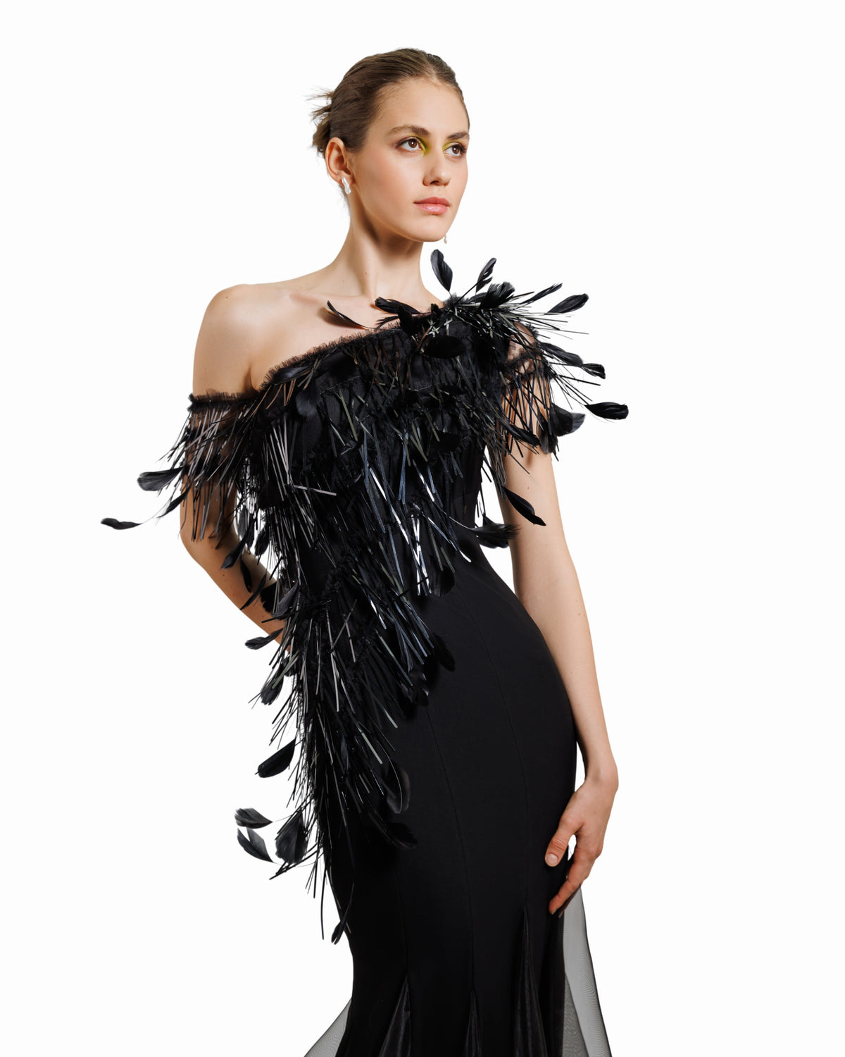 Asymmetrical Feather Neckline Dress