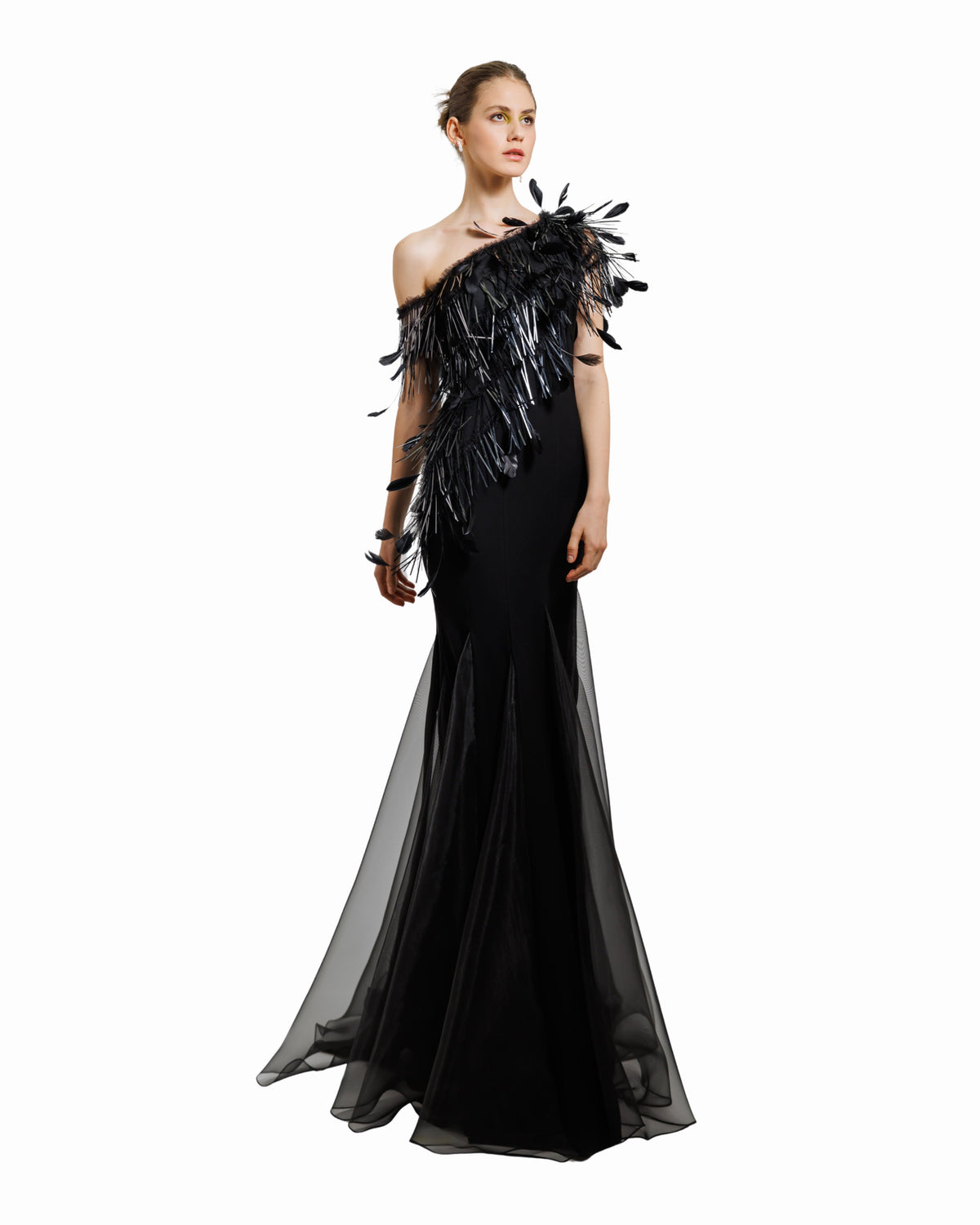Asymmetrical Feather Neckline Dress