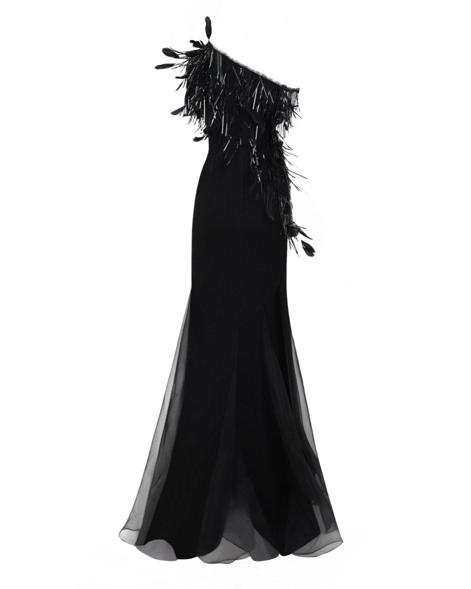Asymmetrical Feather Neckline Dress