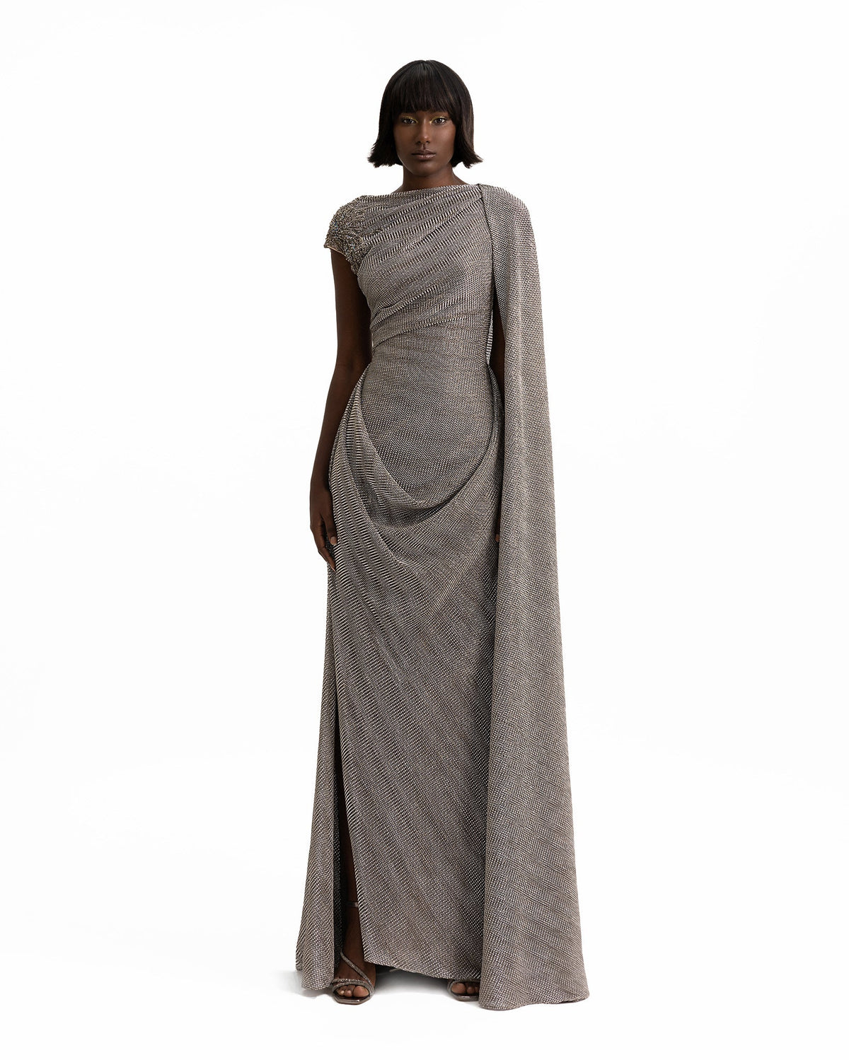 Asymmetrical Draped Beaded Shoulder Dress