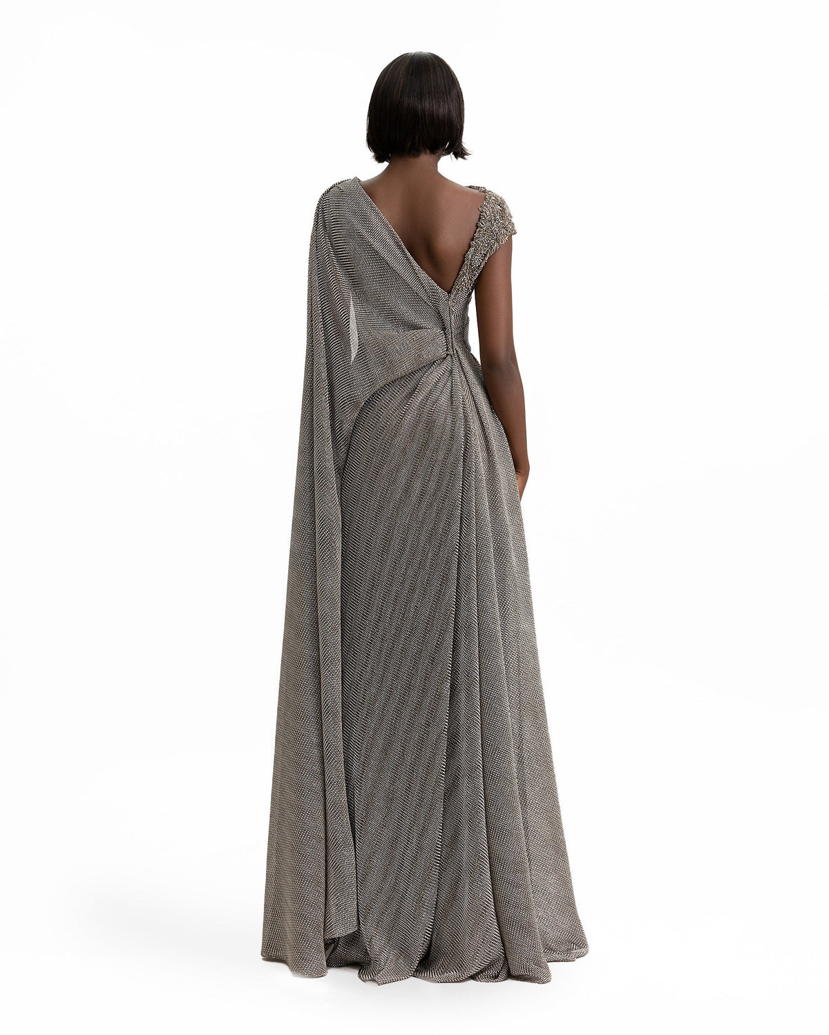 Asymmetrical Draped Beaded Shoulder Dress