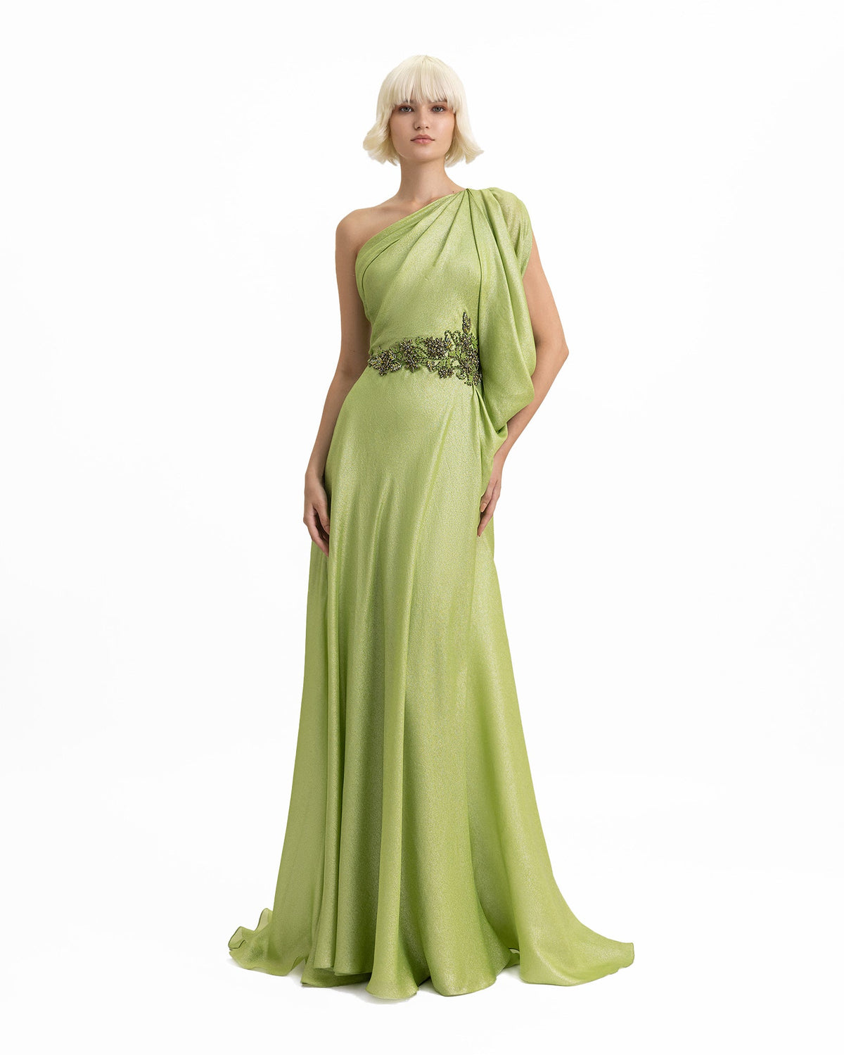 One-Shoulder Dress with Beaded Waistline