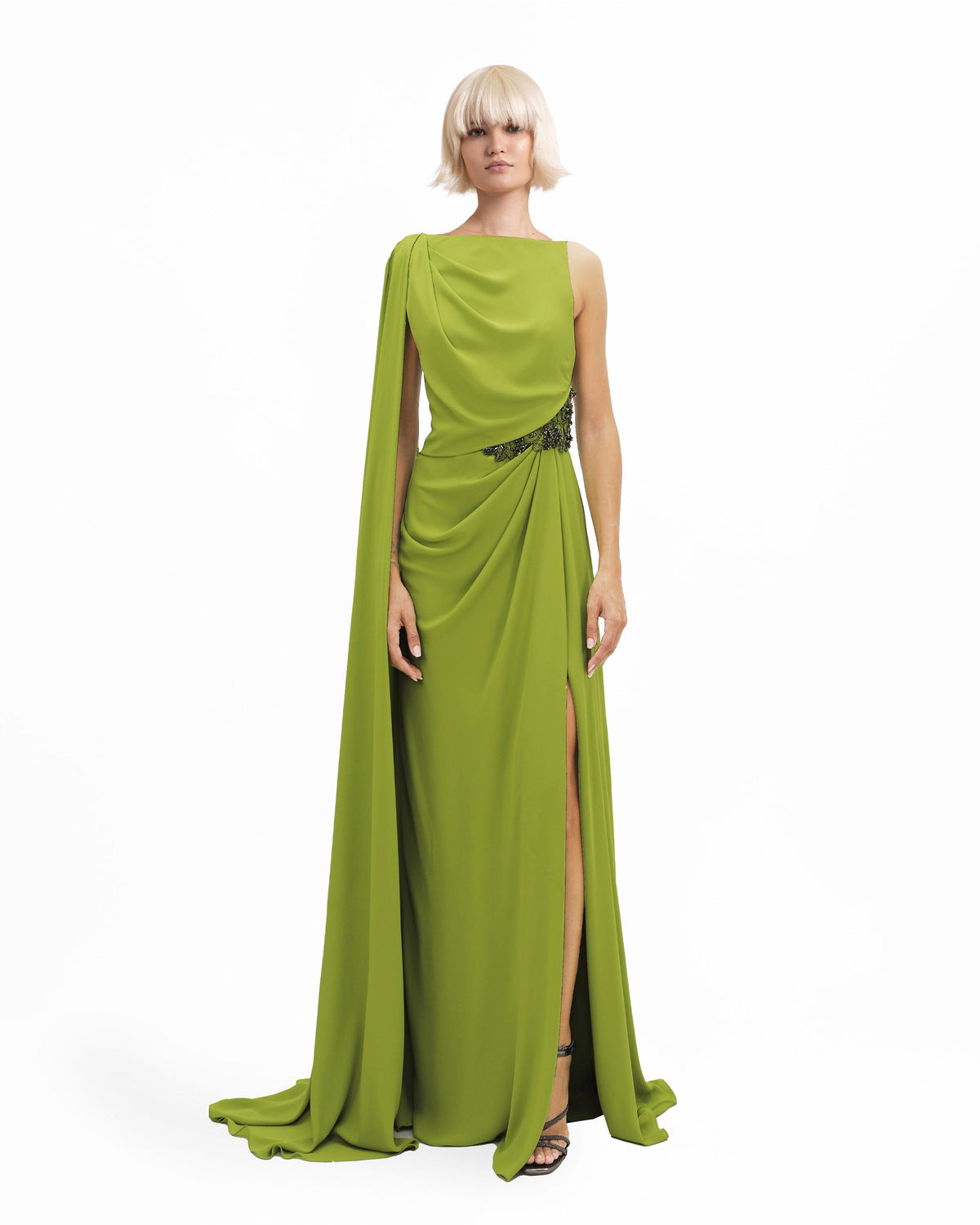 Cape-Like Sleeve Dress with Beaded Waistline