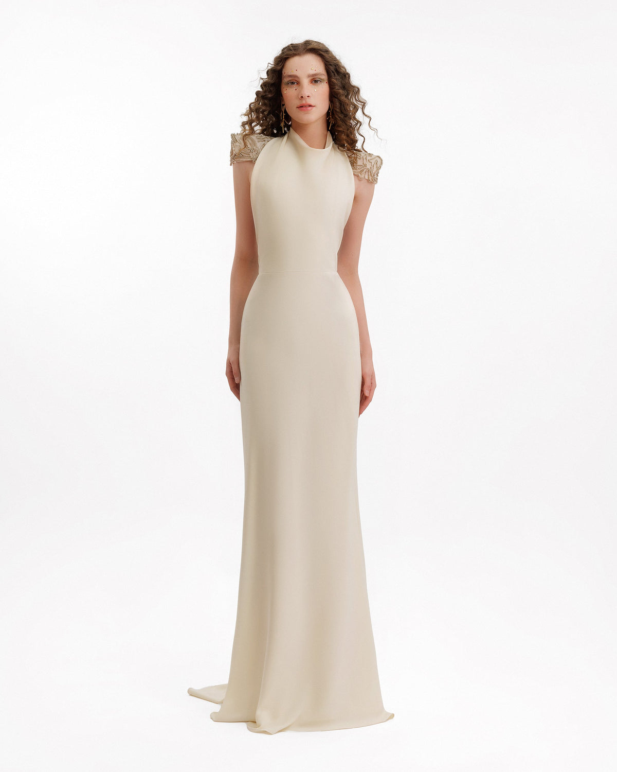 Beaded Shoulder High-Neck Dress