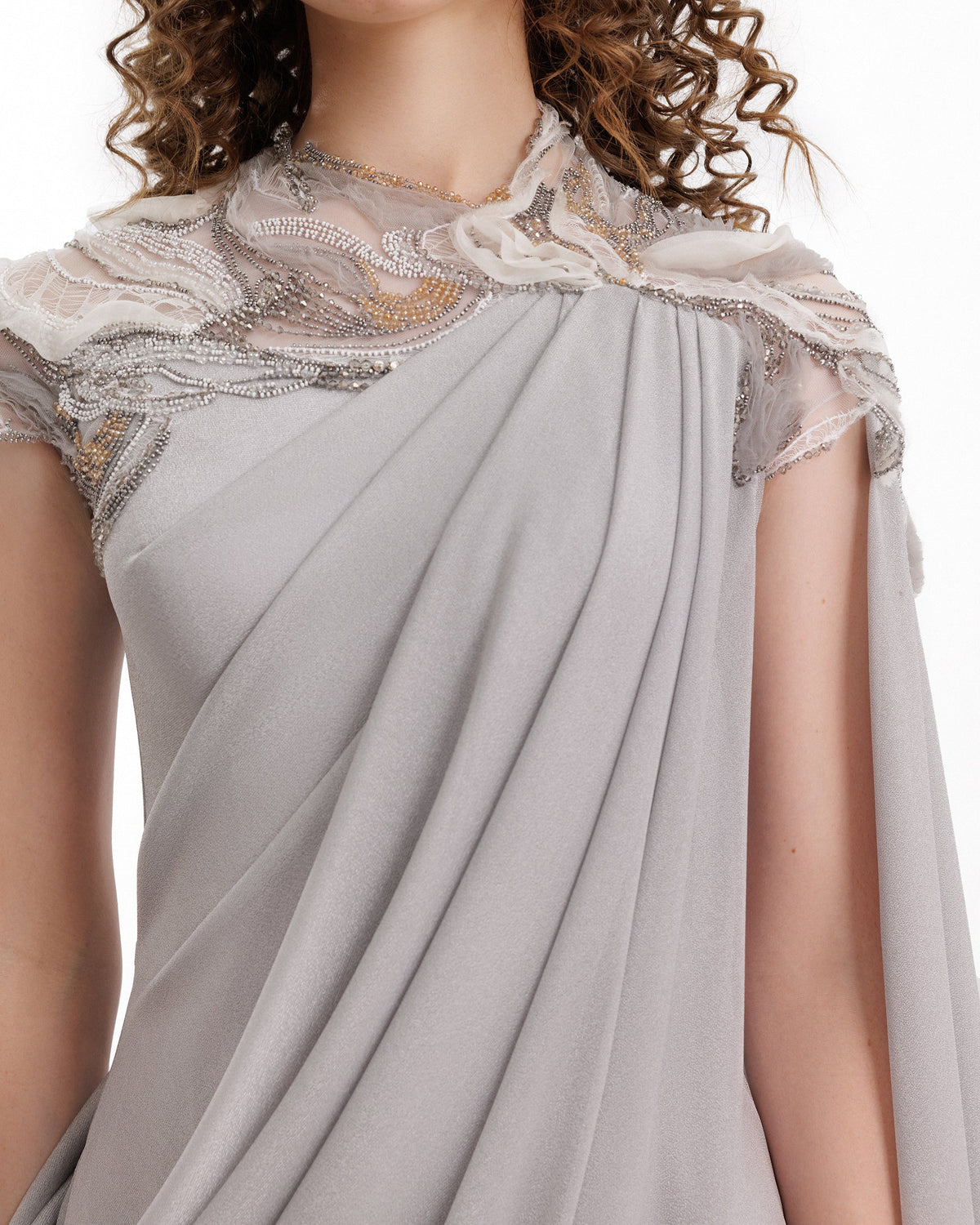 Embroidered Draped Dress with Cape Sleeve