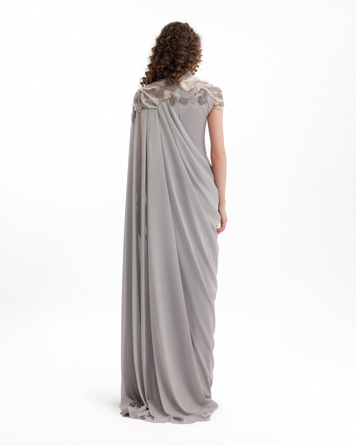 Embroidered Draped Dress with Cape Sleeve