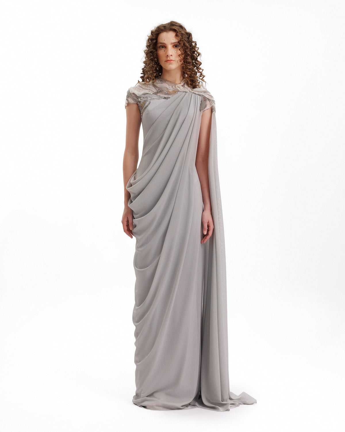 Embroidered Draped Dress with Cape Sleeve