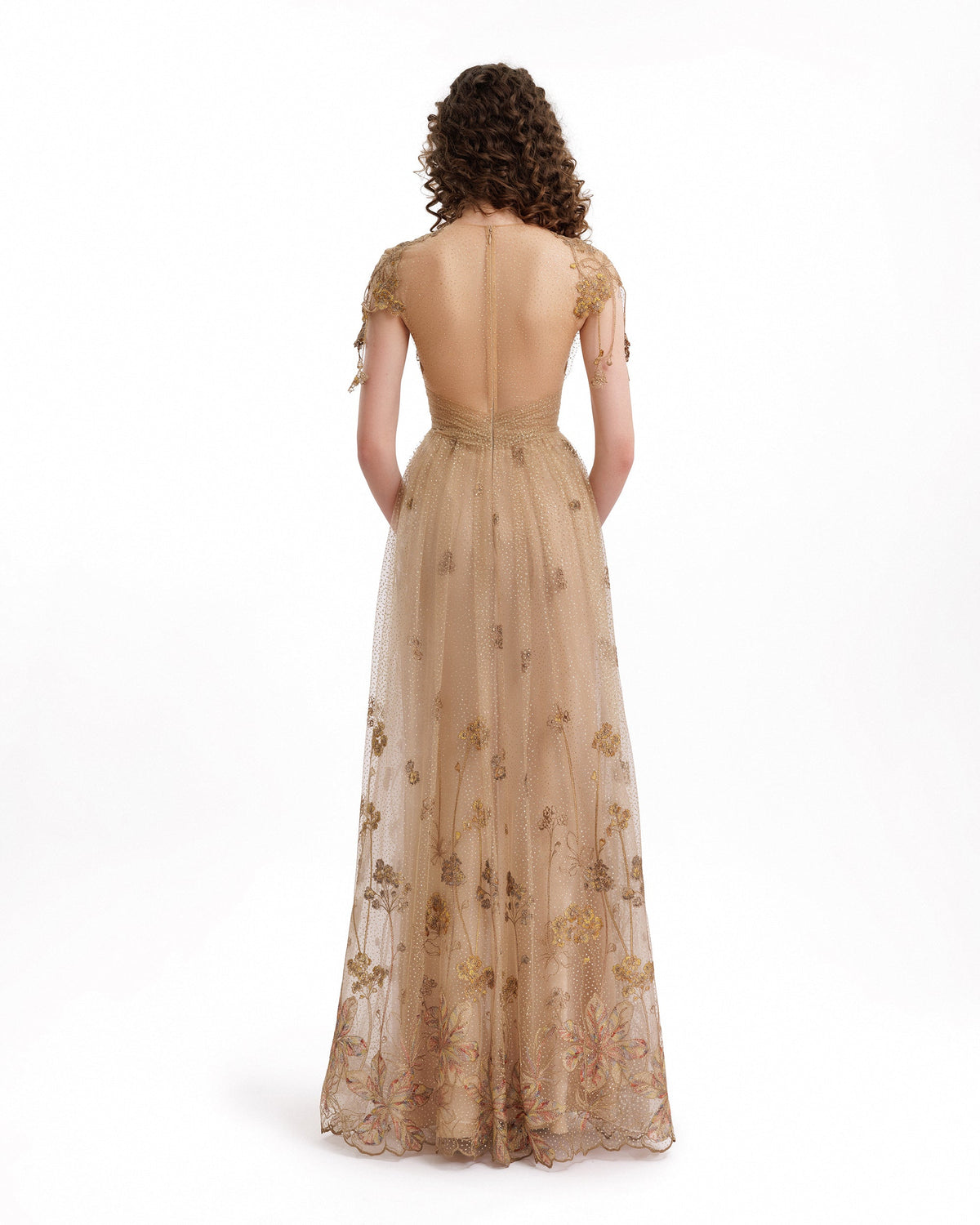 V-Neck Embroidered Tulle Gown
