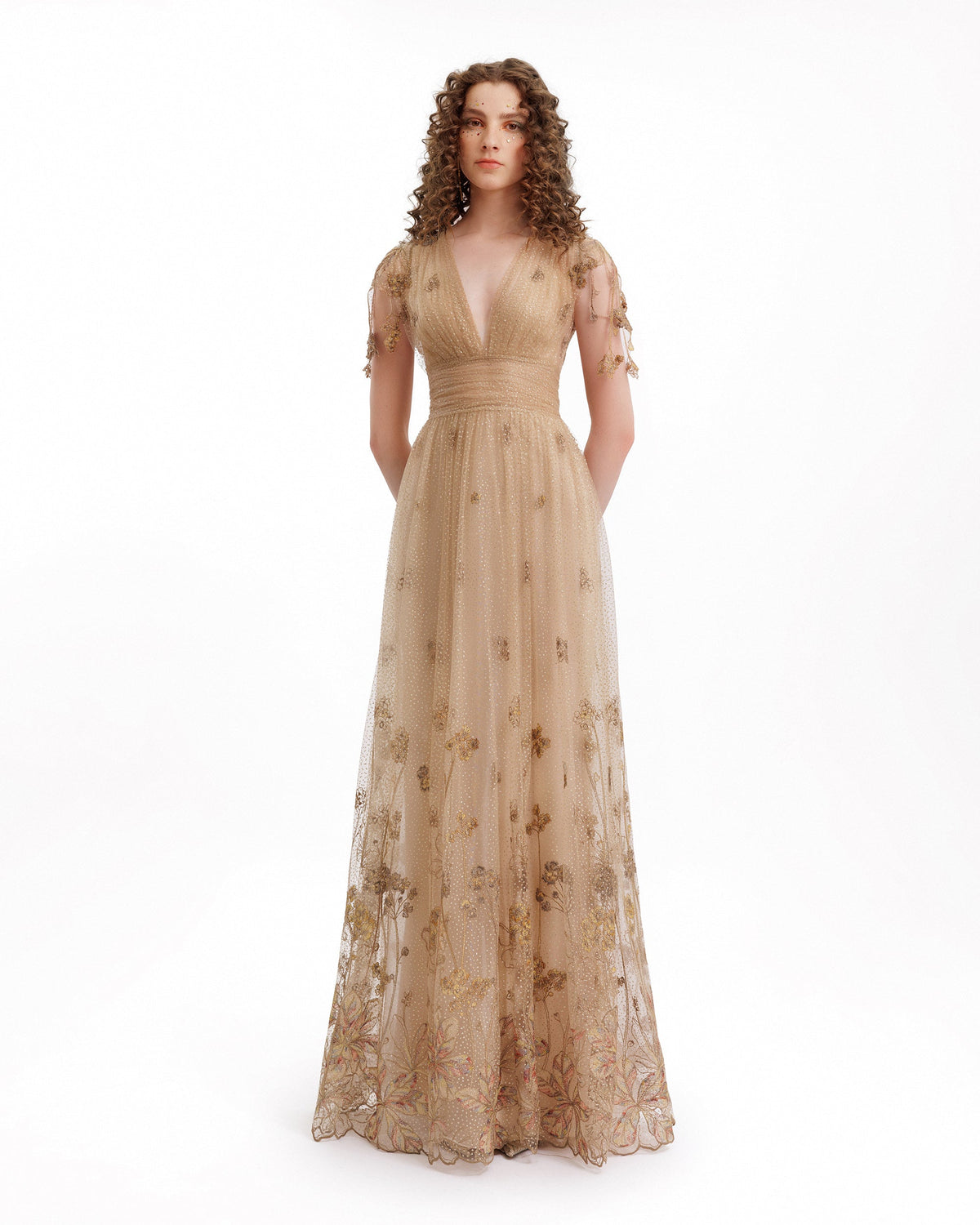V-Neck Embroidered Tulle Gown