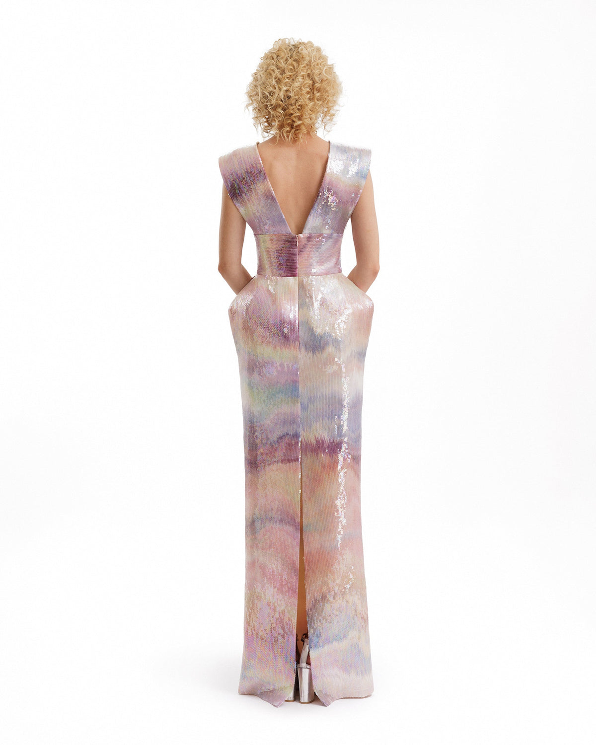 V-Neck Sequin Gown with Beaded Waist