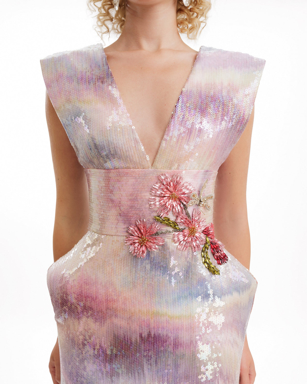 V-Neck Sequin Gown with Beaded Waist