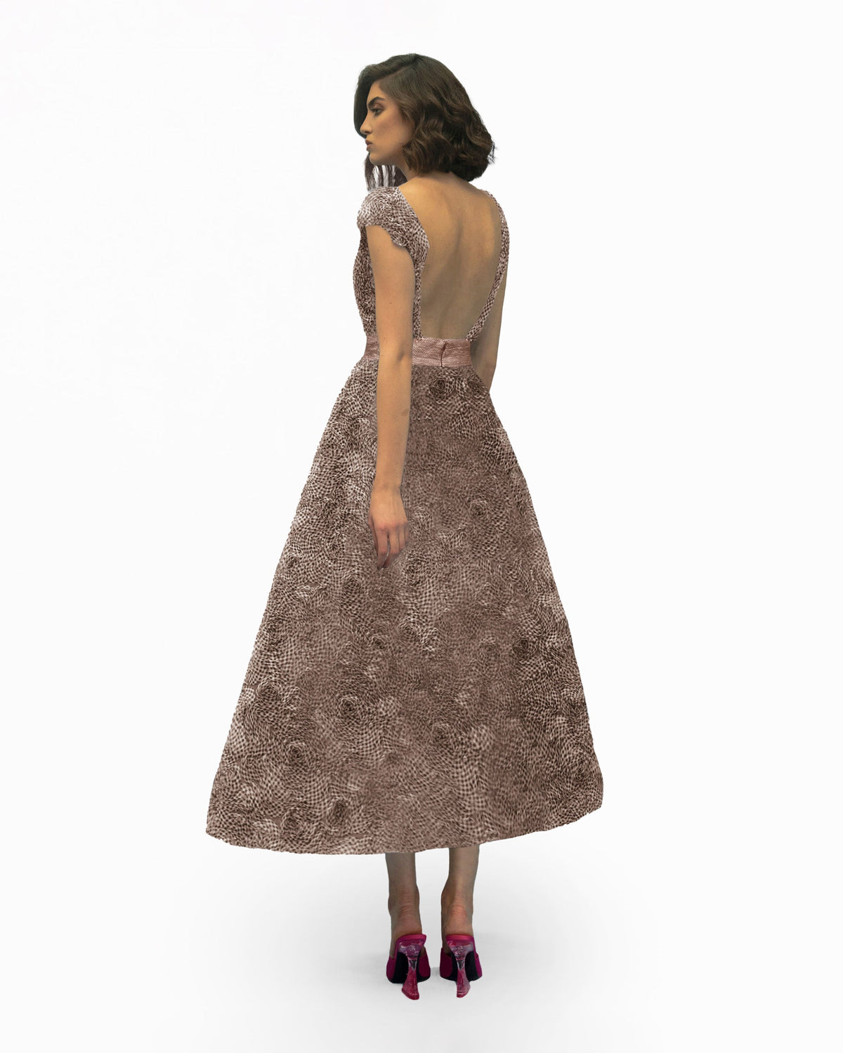 Puffy Shoulders Pink Midi Dress