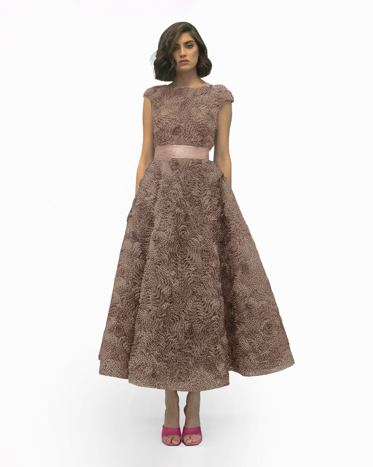 Puffy Shoulders Pink Midi Dress