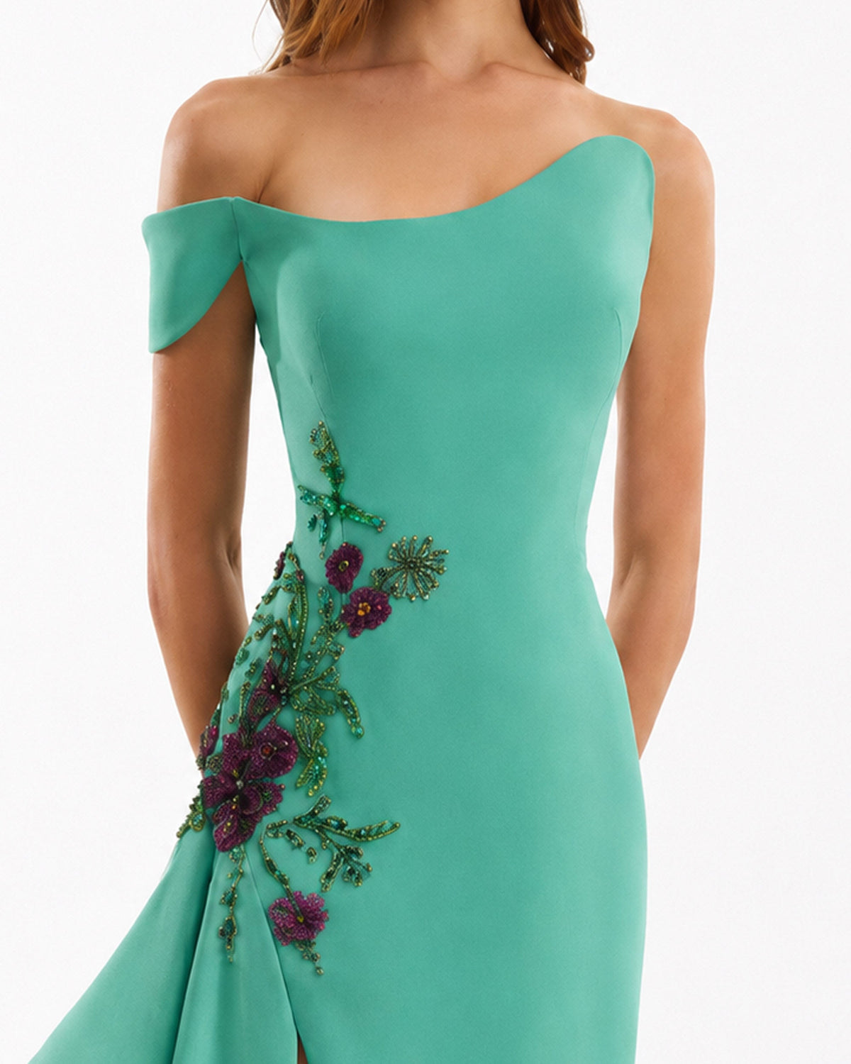 Asymmetrical Off-Shoulder Embroidered Dress