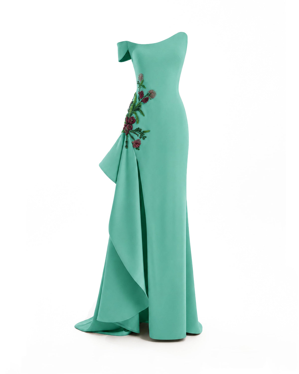Asymmetrical Off-Shoulder Embroidered Dress