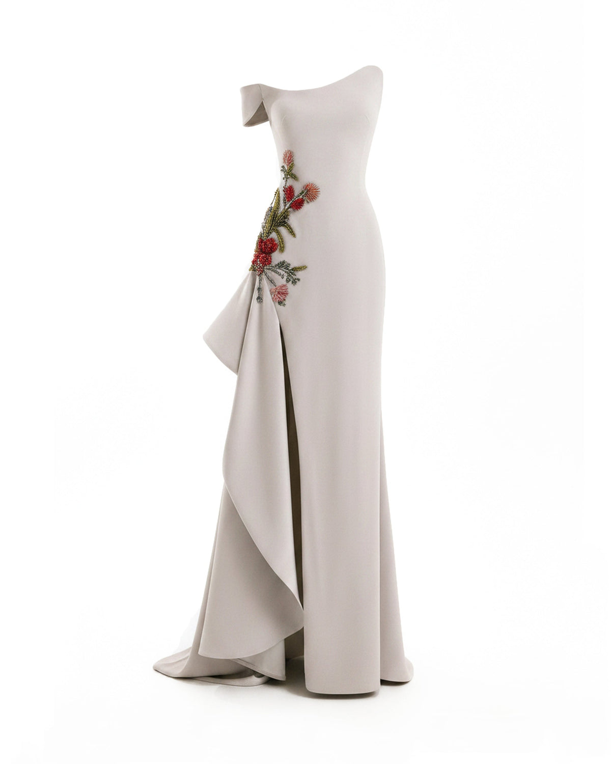 Asymmetrical Off-Shoulder Embroidered Dress