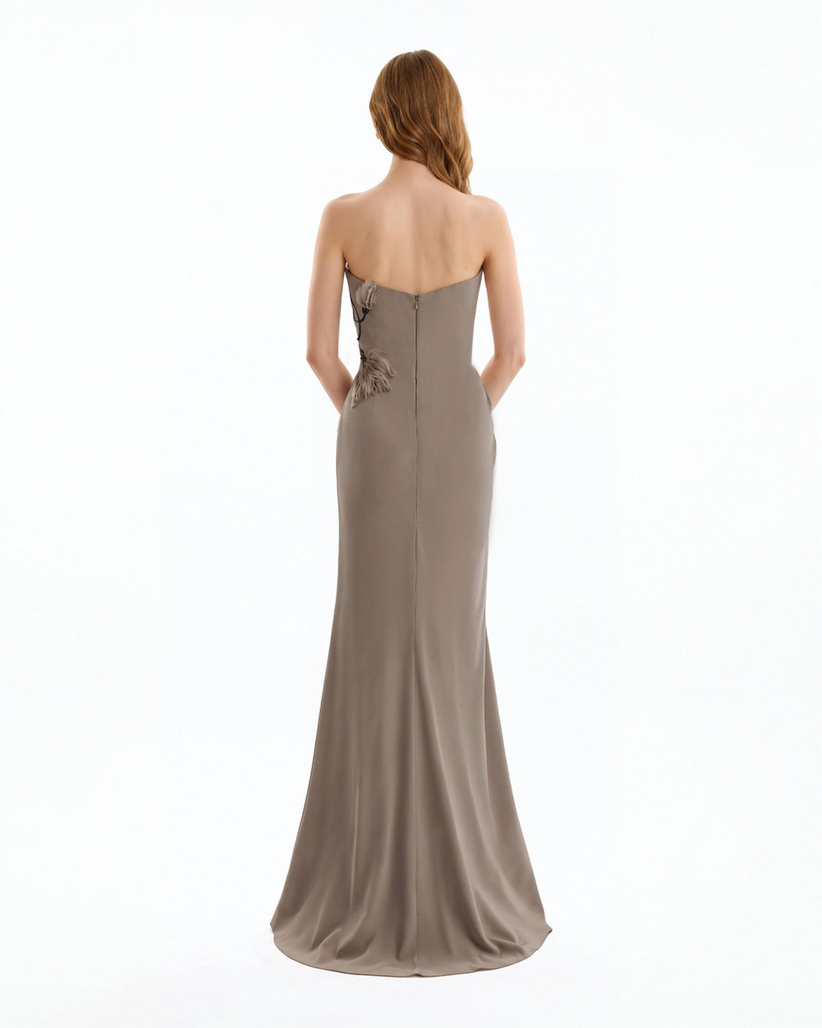 Strapless Draped Dress with Beaded Floral Detail