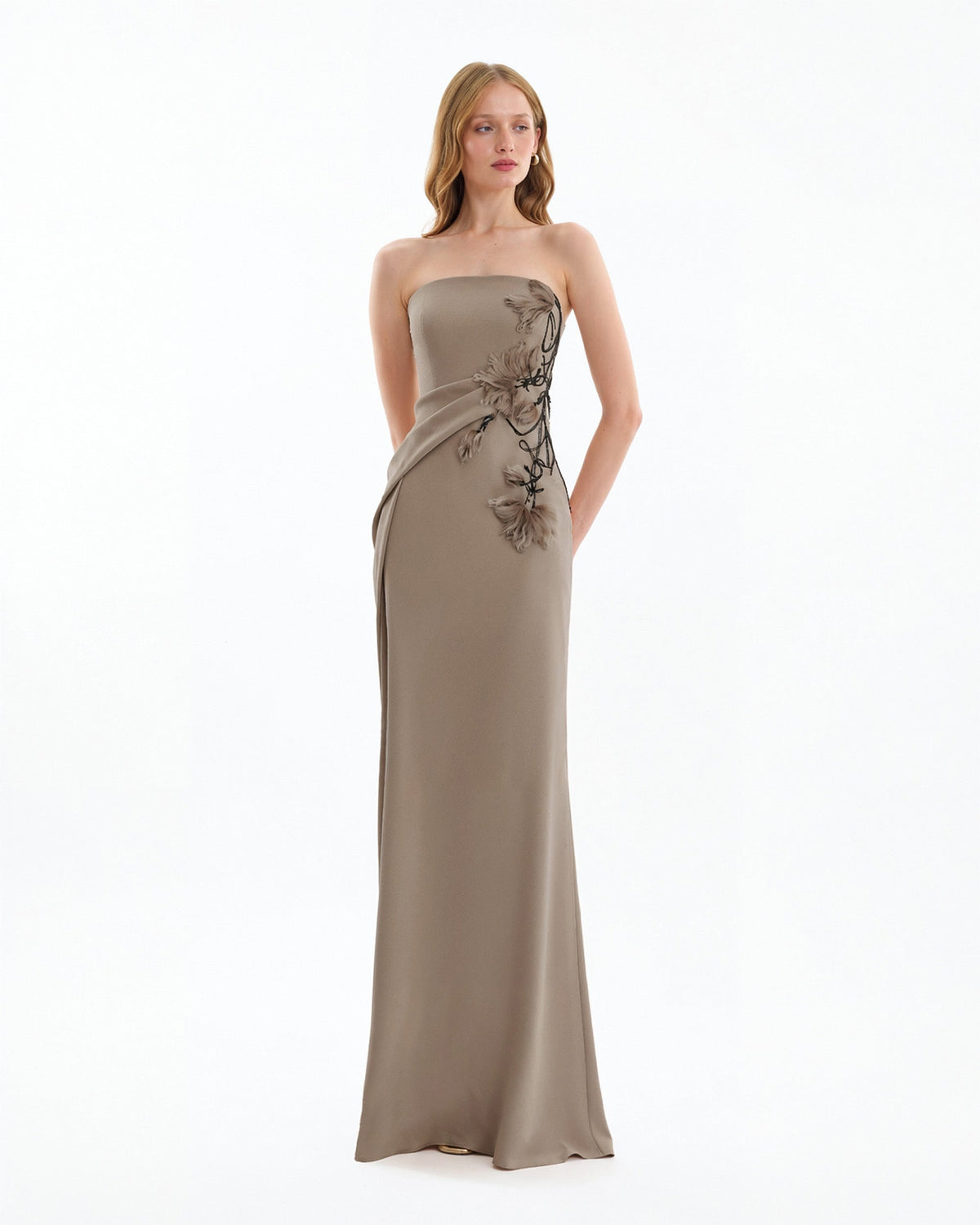 Strapless Draped Dress with Beaded Floral Detail