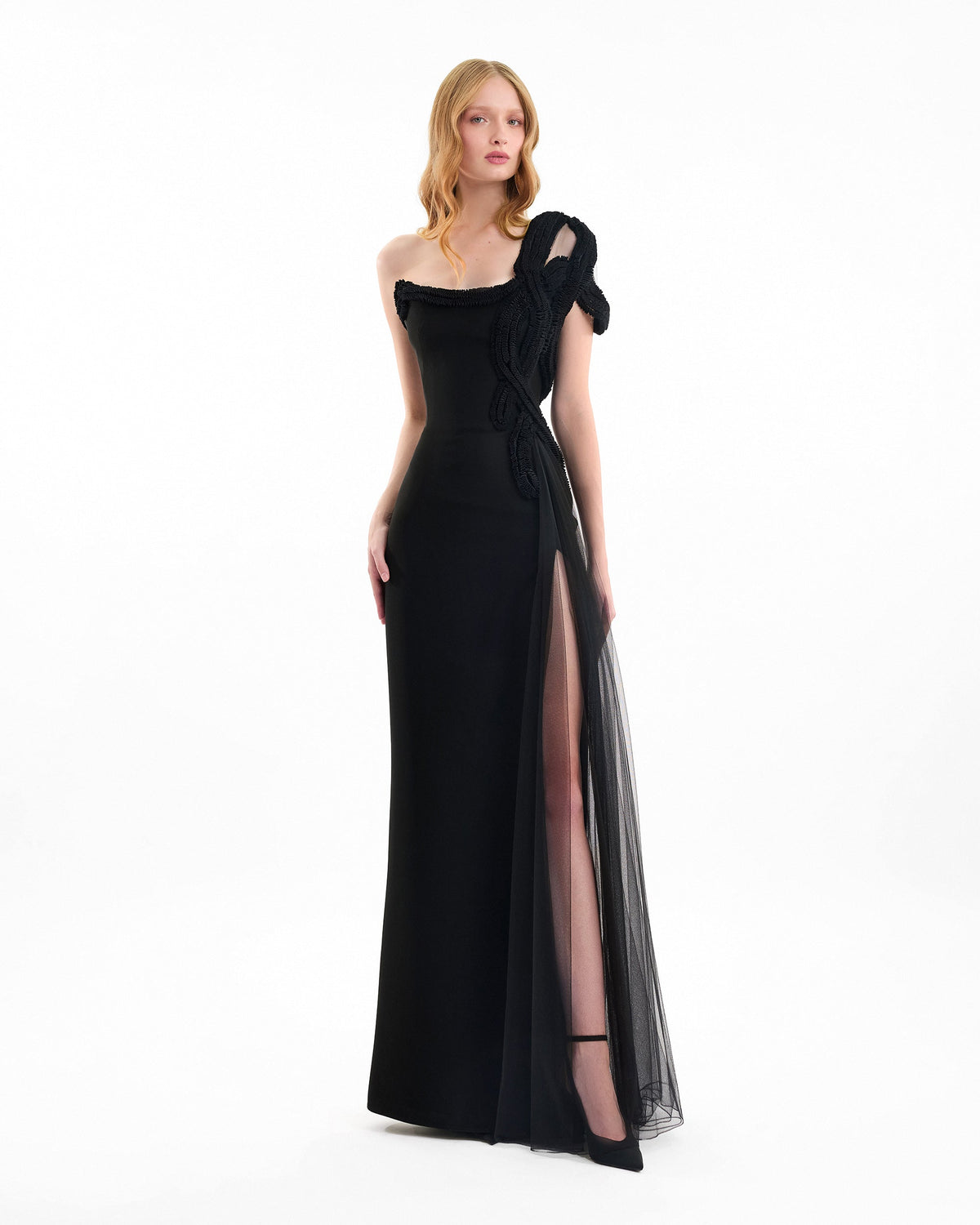 One-Shoulder Dress with Sculptural Embroidery
