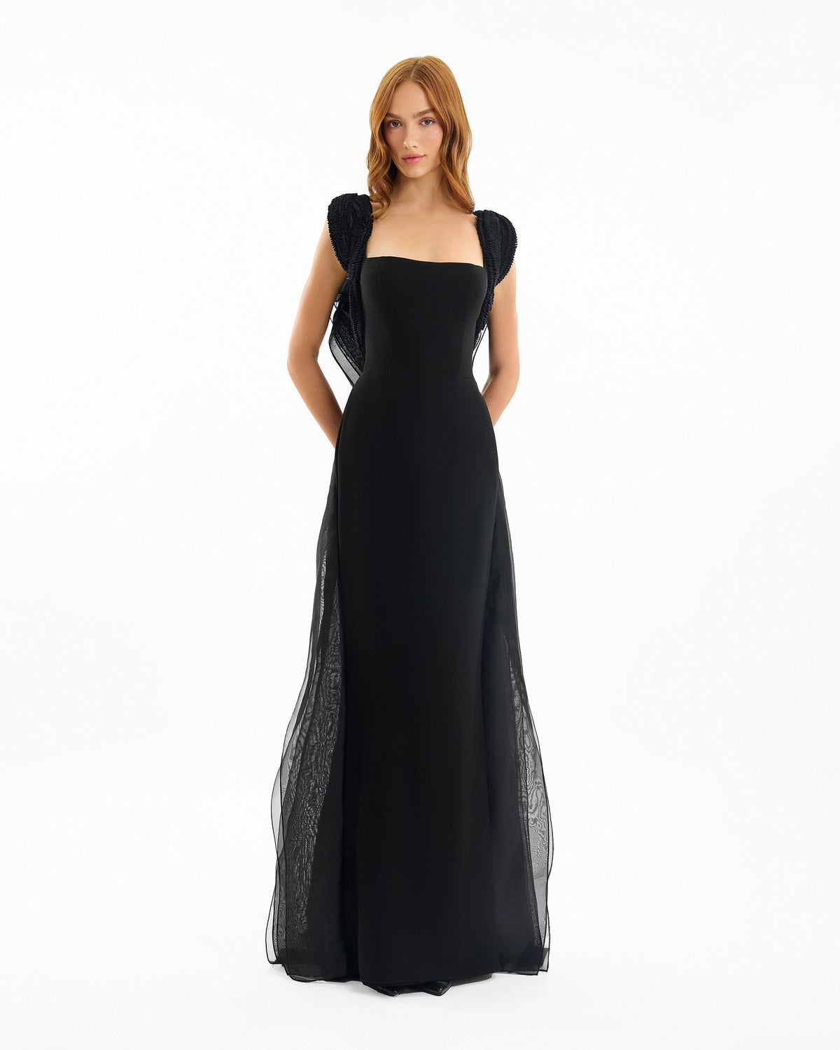 Square-Neck Dress with Embroidered Shoulders