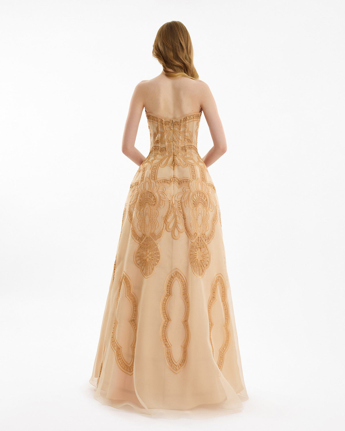 Strapless Embroidered Dress with Cage Skirt